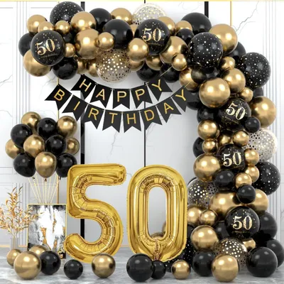 Productafbeelding van Decoratieset voor een 50e verjaardag: zwarte en gouden ballonnen, banner en slingers, geschikt voor mannen en vrouwen