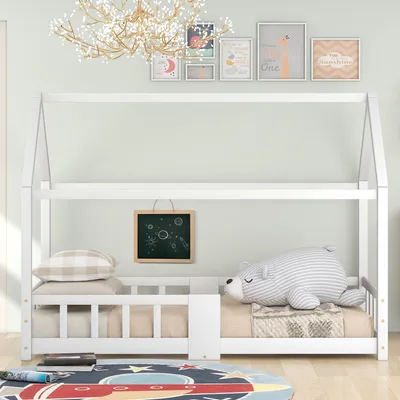 Produktbild von Hausbett mit Lattenrost, 90x200 cm, Kinderbett mit Rausfallschutz, Einzelbett, Jugendbett, Kiefer