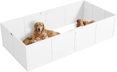 Produktbild von Wurfkiste für Welpen, Wurfbox Welpenlaufstall mit verstellbar Tür, rutschfest Hundelaufstall Welpenauslauf für kleine bis große Hunde, 196x96x48 cm, Weiß