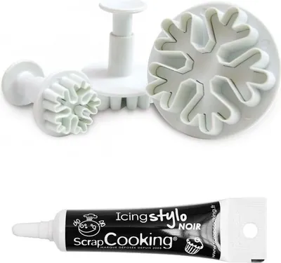 Produktbild von 3 Ausstechformen mit Auswerfer Flocken + Icing schwarzen Stift