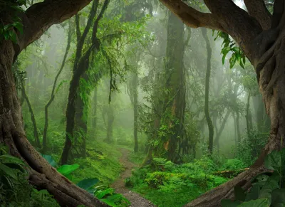 Produktbild von Grüne Fototapete mit Regenwald | Natur Fototapete mit Urwald in Nebel für Schlafzimmer und Flur | Wald Tapete mit Landsc