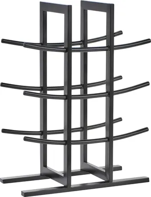 A black metal wine rack with multiple shelves.