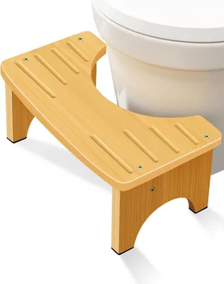 Imagen del producto de Taburete para el inodoro, hecho de bambú, con forma de C, con una inclinación de 35 grados, unidad individual, para usar en el baño