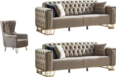 Produktbild von Villa Möbel Sofa Set Royce Beige Stellvariante:3+3+1 Relax- und Bettfunktion, pflegeleichter Mikrofaser Samtstoff