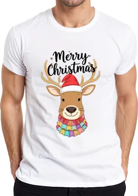 Produktbild von Merry Christmas Weihnachten Rentier Nikolausmütze niedlich bunt Herren T-Shirt, Weiß, S