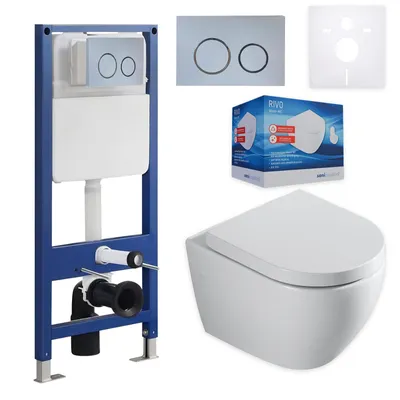 Produktbild von sanicomfort Wand-WC Rivo spülrandlos Set mit Vorwandelement, Schallschutz-Set und Betätigungsplatte hellgrau rund