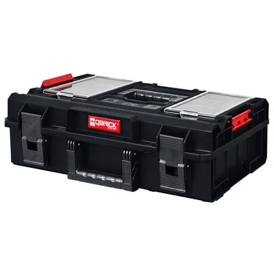 A black tool case with red accents and clear organizer lids, shown from a front-side angle on a white background.
