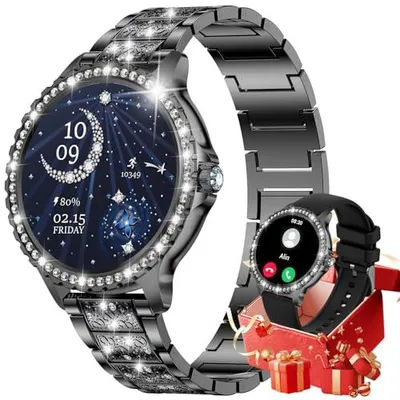 Produktbild von Smartwatch Damen mit Telefonfunktion, 1.32" Armbanduhr mit Diamanten, Fitnessuhr für Android iOS, Menstruationszyklus/Herzfrequenz/Schrittzähler, 500+ Ziffernblätter, 2 Armband, Schwarz
