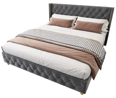 Produktbild von Polsterbett 180x200 cm Grau mit Lattenrost, Samtbezug, Kopfteil mit Knopfheftung und Holzbeinen für Schlafzimmer