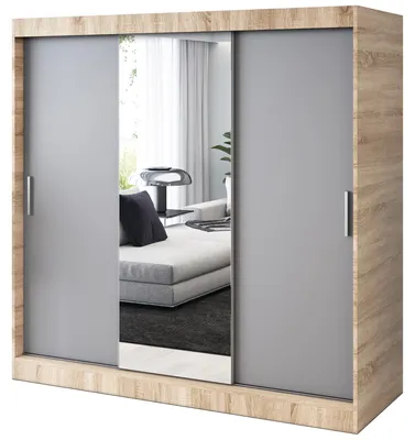 Produktbild von Kleiderschrank mit Spiegel - 200x200cm - Sonoma Eiche & Anthrazit Matt - Schiebetürenschrank HUGO - 3-türig - mit 4 Kleiderstangen