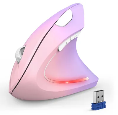 Immagine prodotto di Mouse ergonomica, wireless, con Bluetooth, verticale. Connessione Bluetooth 5.0 e 3.0. Fino a 6 livelli di DPI regolabili, fino a 4800 DPI. Sensore ottico, funzionamento silenzioso. Mouse wireless, colore rosa-viola sfumato