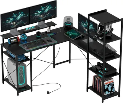 Zdjęcie produktu dla HOMCOM Biurko, biurko komputerowe w kształcie litery L 137 x 140 x 139,5 cm Biurko narożne z 6 półkami, biurko z podstawką pod monitor, USB, gniazdo, do domu, biura, czarne