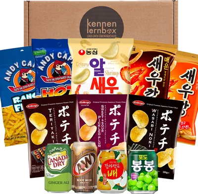 Produktbild von Snack Party Box | Kennenlernbox mit 12 beliebten Chips und Getränke aus den USA, Korea und Japan | Für Filmabende oder als Geschenkidee für besondere Anlässe