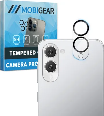 A product shot of a phone camera lens protector with its packaging in the background.