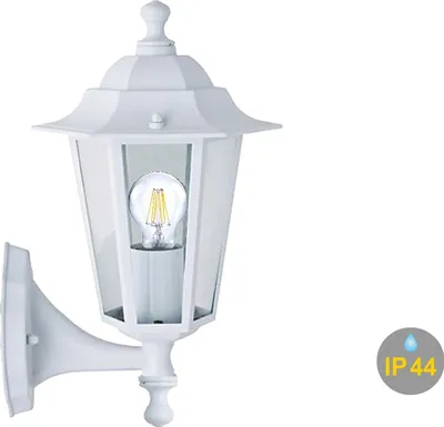 A white outdoor wall lamp with a visible light bulb, mounted on a white bracket against a white background.