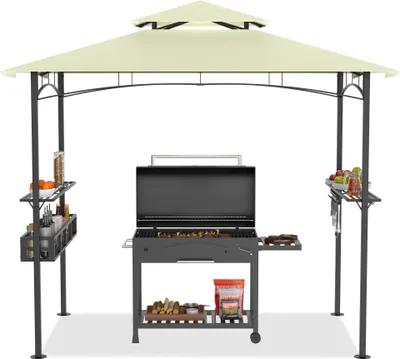 Obrázok produktu pre XMTECH BBQ pavilón 244 x 153 x 250 cm antracitový oceľový grilovací pavilón Vodotesný stabilný Zimovzdorný s dvojvrstvovou strechou, béžový