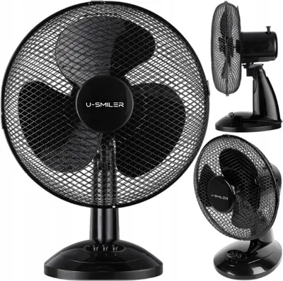 A collage of a black desk fan from different angles.