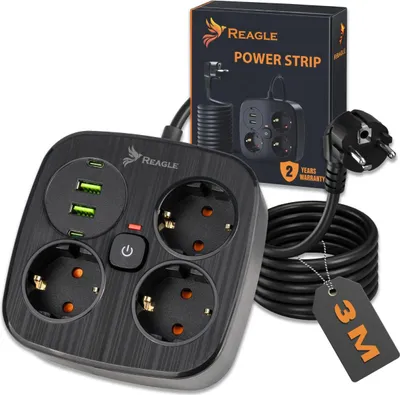 Produktbild von REAGLE Steckdosenleiste 3 m mit Überspannungsschutz, 3 Steckdosen, 2x USB, 2x USB-C, Mehrfachstecker mit Verlängerungskabel für Büro und Zuhause