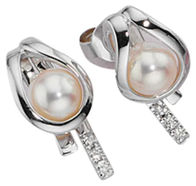 Image de Boucles d'oreilles à clip ornées de perles et de 6 diamants, en or blanc 585, pour femmes