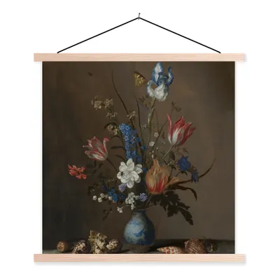 Produktbild von MuchoWow® Textilposter Blumen in einer Wan-Li-Vase und Muscheln - Gemälde von Balthasar van der Ast 40x40 cm mit holzfarbenen Rahmen - Posterleiste
