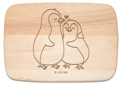 Produktbild von Mr. & Mrs. Panda Schneidebrett Holz Pinguine Einschlafen - Transparent - Geschenk, für Freundin, Frühstücksbrett, Jahrestag, Valentinstag, Hochzeitstag, jausenbrett