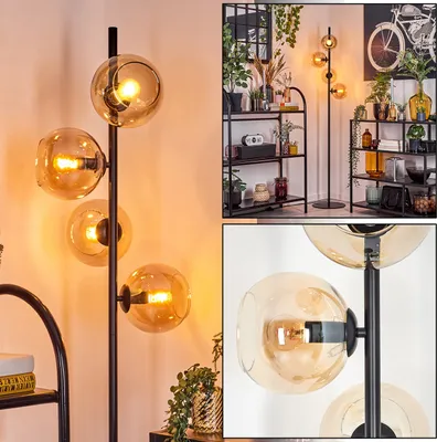 Produktbild von Cesaro Stehlampe aus Metall/Glas in Schwarz/Bernsteinfarben mit Fußschalter