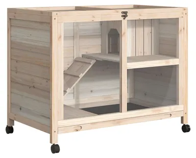Image de Cage à lapins - Enclos à lapins - Cage à rongeurs - Cage pour animaux - Habitat pour rongeurs - Bois - 2 niveaux - Roulettes