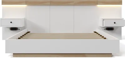 Produktbild von MODFU Klassische Betten Holzbett Bettanlage 180x200cm mit 2 LED Nachtkommoden& USB C Steckdose Doppelbett Schwebebett inkl. 2 Nachttischen, Eiche Sonoma/Weiß(Ohne Matratze)