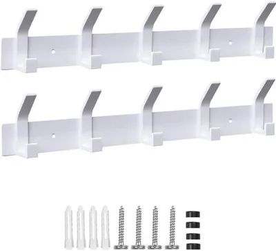 Produktbild von Wandgarderobenhaken, 2er-Set mit 5 Haken, Metallgarderobenhaken, Garderobenständer für Schlafzimmer, Badezimmer, Küche, Kleiderschrank, Wandgarderobe (weiß)