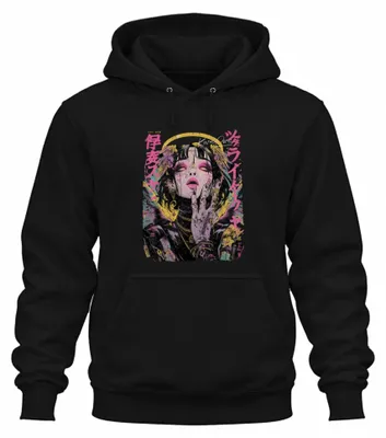 Productafbeelding van Cyberpunk anime meisjes manga, Japans, Y2K, otaku hoodie, zwart, maat M