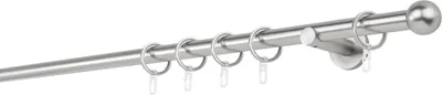 A metal curtain rod with rings, displayed against a white background.