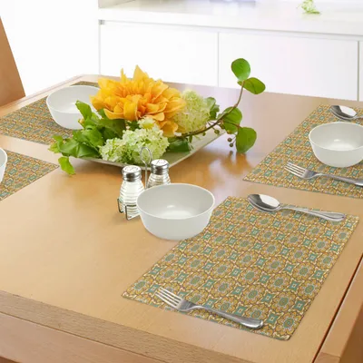 Produktbild von ABAKUHAUS Ethnisch Platzmatten, Handgezeichnete Bunte Blumenmuster Bohemian Inspirations Tribal Leaves, Tiscjdeco aus Farbfesten Stoff für das Esszimmer und Küch, Senf Orange und