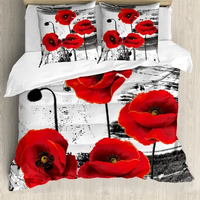 Produktbild von ABAKUHAUS Mohn Bettbezug Set, Zusammensetzung von blühenden Blumen mit Grunge Pinsel Hintergrund, 200 x 200 cm + 80 x 80 cm, Vermilion Grau