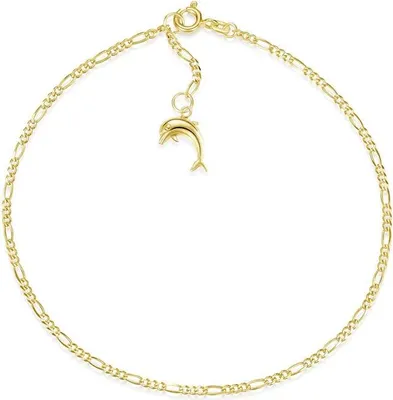 Produktbild von SILBERKETTEN STORE Figarofußkette 2mm mit Anhänger Delfin - echt 585 Gold, Länge 24cm - 24cm