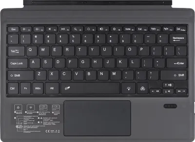 A top-down view of a black keyboard with a trackpad.