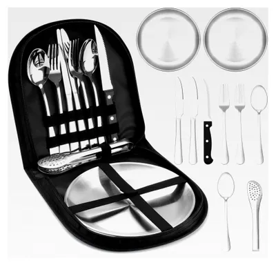 Produktbild von Camping Geschirrset für 2 Personen, 10-teiliges tragbares Campingbesteck aus Edelstahl für Camping, Picknick und Reisen