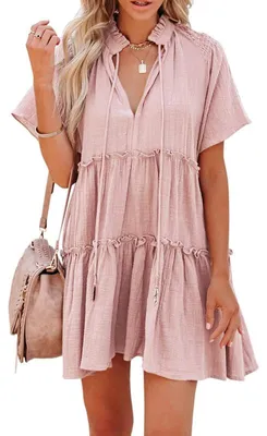 Produktbild von Imily Bela Damen-Kleid mit V-Ausschnitt und Kordelzug – Gestuftes Rüschen-Babydoll-Kleid mit kurzen Ärmeln – Swing-Tunika-Sommerkleid