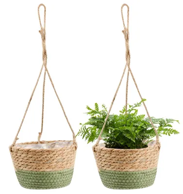 Produktbild von Hängender Pflanzenkorb aus Seegras – 2er-Set – Boho-Hängepflanzgefäß 20 cm – Handgeflochtener Outdoor-Pflanzkorb – Natürlicher Hängepflanzenkorb
