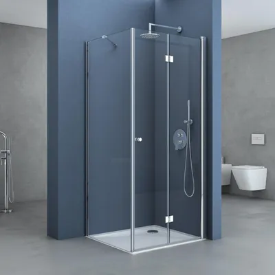 A modern bathroom with a glass shower enclosure.