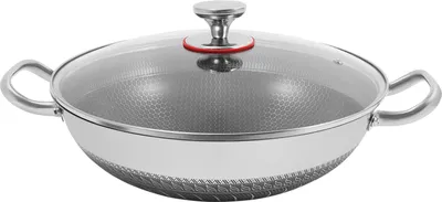 A stainless steel wok with a glass lid, presented on a white background.