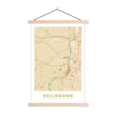 Produktbild von MuchoWow® Textilposter Heilbronn - Karte - Vintage - Stadtplan 60x90 cm mit holzfarbenen Rahmen - Textil