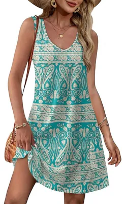 Produktbild von Sommerkleid für Damen, V-Ausschnitt, lässiges, ärmelloses Strandkleid mit Taschen