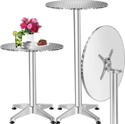 Two silver bar tables are shown against a white background. One table has a drink, a slice of cake, and a bouquet of flowers on it. The other table is shown from the side with its top folded down.