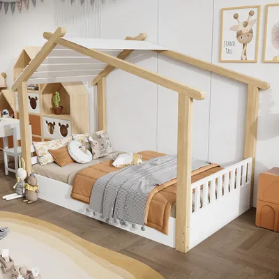 Image de MODFU Lit Cabane Enfant 90x190 cm - Lit Maison Scandinave avec Sommier Inclus - Sans Matelas - Pin Massif et MDF - Blanc et Naturel