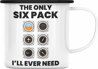 Produktbild von Trendation - Pilot Geschenk Emaille Tasse Flugzeug Fliegen Geschenkidee Piloten Emaille Emaille Tasse Flugzeug Grafik Sixpack (Schwarz)