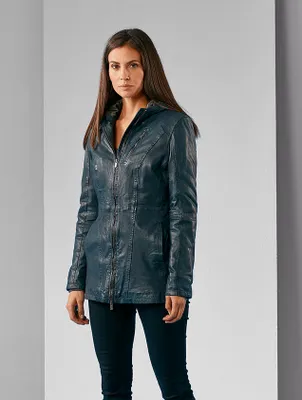 Produktbild von Jilani - Damen Ledermantel Lammnappa Kapuze dark petrol Größe 38