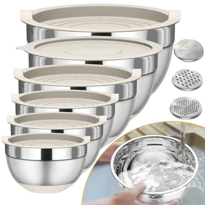 Produktbild von Rührschüsseln, 6er-Set - Stapelbare Schüsseln aus Edelstahl - Luftdichte Deckel - 3 Reibeinsätze - Zum Backen und Kochen
