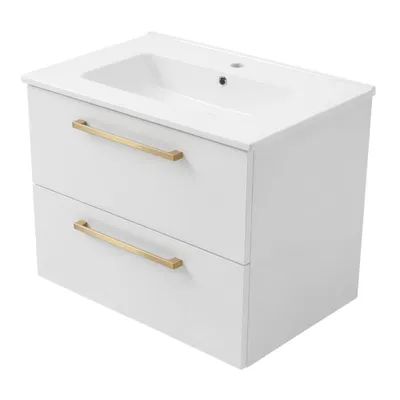 Produktbild von Waschtisch mit Unterschrank ONE mit Waschbecken 2 große Schubladen Weiß Hochglanz 60x50x46 hängend Badmöbel Badezimmer Griffe Waschbeckenschrank