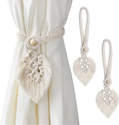 Produktbild von 2 Stück Raffhalter Boho Vorhanghalter, Blätter Baumwolle Makramee Gardinenhalter, Gardinenhalter Vorhang Clips Feder Gardinenklammern für Vorhänge Gardinen Deko