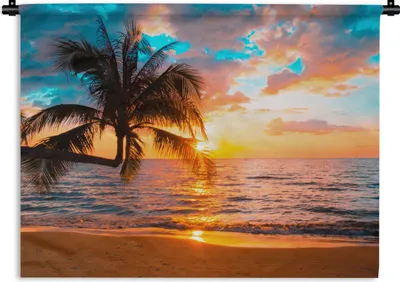 Produktbild von MuchoWow® Wandteppich Wandbehang Palme - Sonnenuntergang - Horizont - Strand - Meer - Tropisch 90x67.5 cm Tapisserie Dekoration Wandtuch - Fototeppich - Wand-Skulpturen